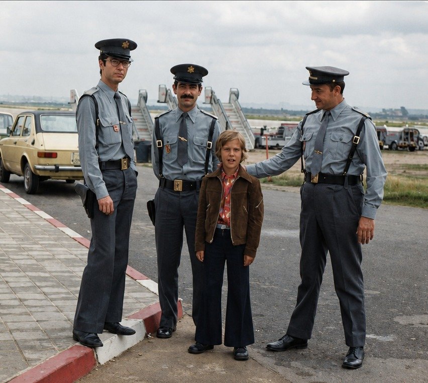 Boy with airport officers, restored and enhanced